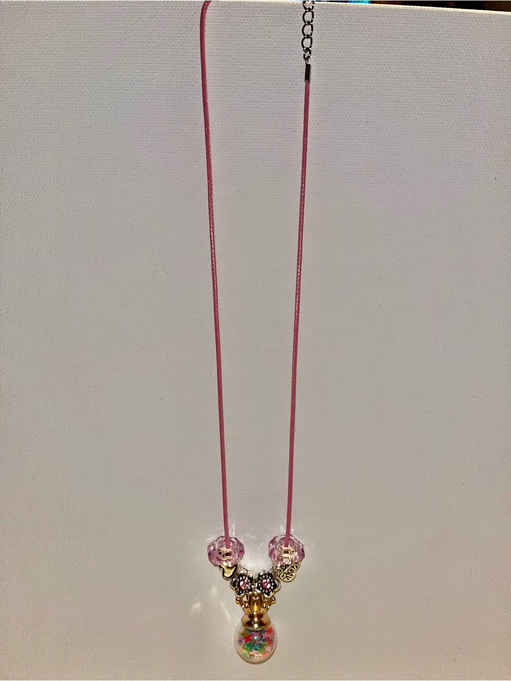 Pink Cord Beaded Drop Necklace w/Crown, Heart & Flower Charms w/Pink Glass Beads
